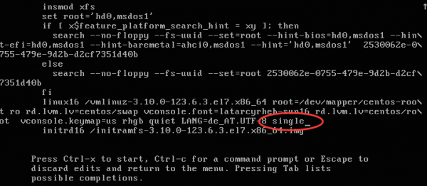 Mit einem zusätzlichen Parameter in der GRUB-Zeile linux16 starten Sie den Rescue-Modus