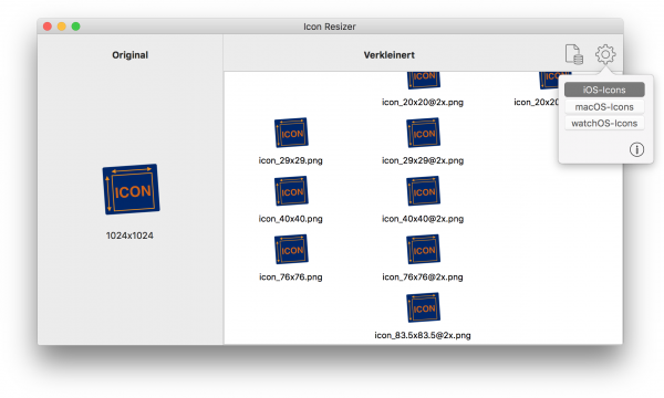 Der Icon-Resizer erzeugt skalierte PNG-Bitmaps für alle in Xcode erforderlichen Icon-Größen