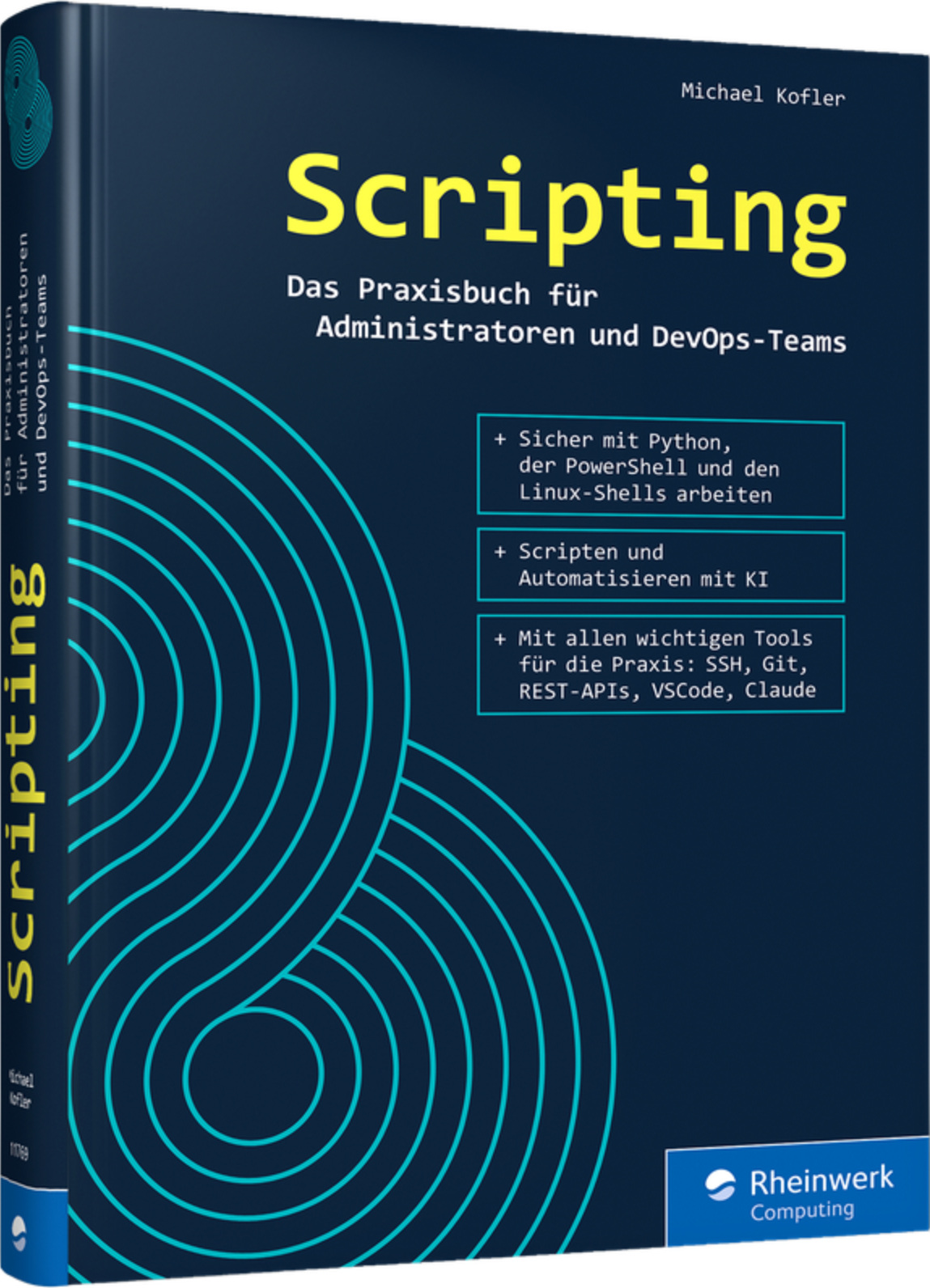 Das Bild zeigt das Cover des Buchs „Scripting“ von Michael Kofler, 2. Auflage, Rheinwerk Computing.