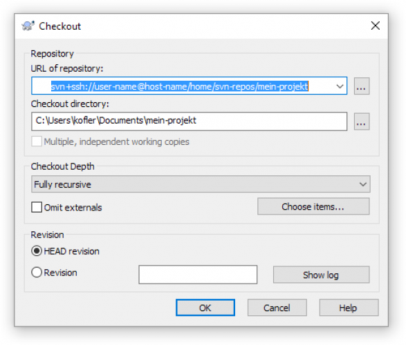 Der Checkout-Dialog von TortoiseSVN wird über ein Kontextmenükommand des Windows-Explorers geöffnet