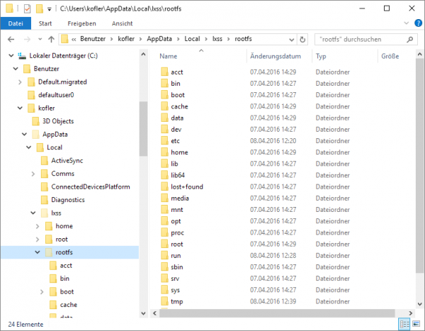 Das Linux-Dateisystem befindet sich im AppData-Verzeichnis des Windows-Nutzers